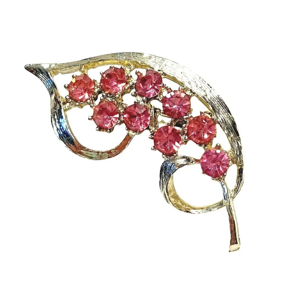 Vintage Mid Century brooch textured gold tone & pink rhinestones organic leaf